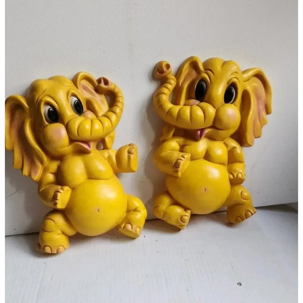 Vintage Homco Yellow Baby Elephant Wall Plaques Set Nursery Decor Retro 1970s